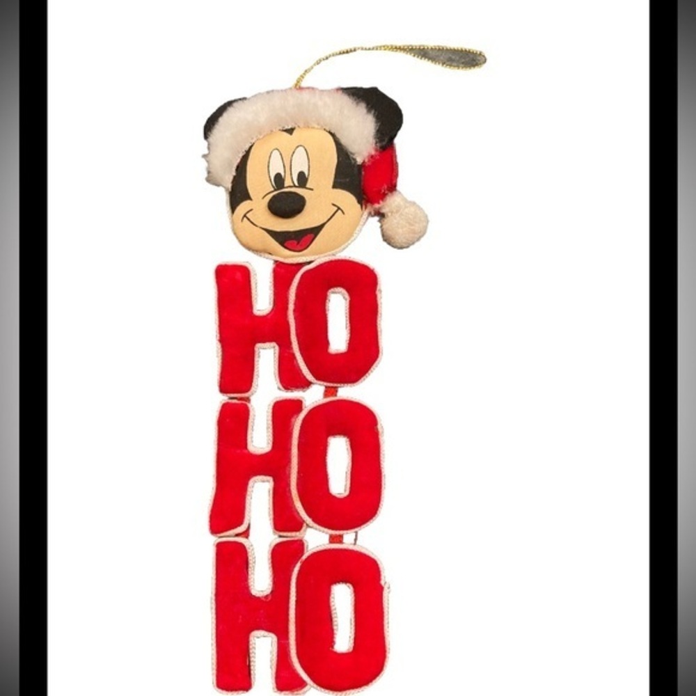Disney Fabric Santa Mickey Mouse Christmas Ornament with vertical Ho Ho Ho sign